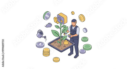 An isometric illustration shows a man nurturing a money plant with a gear flower, surrounded by coins and a watering can on a white background.