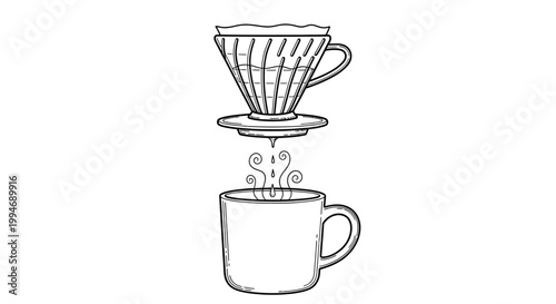 Hand-drawn coffee pour-over brewing into a steaming mug