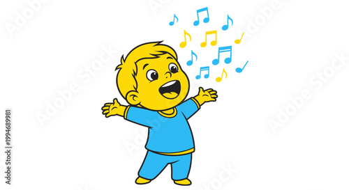 Happy little boy singing with music.