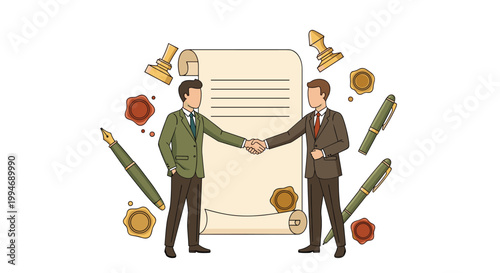 Two businessmen in suits shake hands in front of a large contract scroll, surrounded by pens, wax seals, and stamps on a white background.