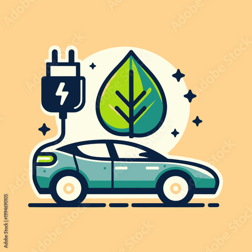 Electric Vehicle Eco-Friendly Transportation Illustration with Green Leaf and Charging Plug Icon