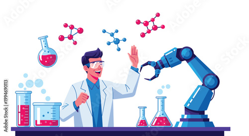 A cheerful male scientist in a white lab coat and safety goggles interacts with a blue robotic arm amidst laboratory glassware on a clean white background.
