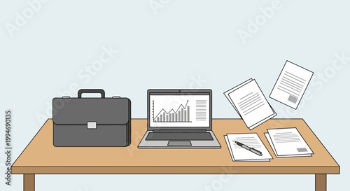 Laptop and briefcase on desk.