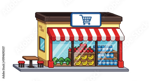 A colorful pixel art vector illustration of a charming local grocery store featuring a striped awning, outdoor seating, and fresh produce in the window.
