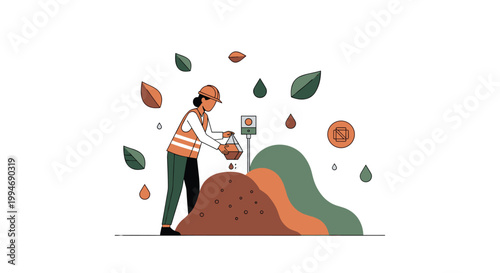 A female environmental worker in a hard hat and safety vest adds material to a compost pile with a sensor, surrounded by floating leaves on a white background.