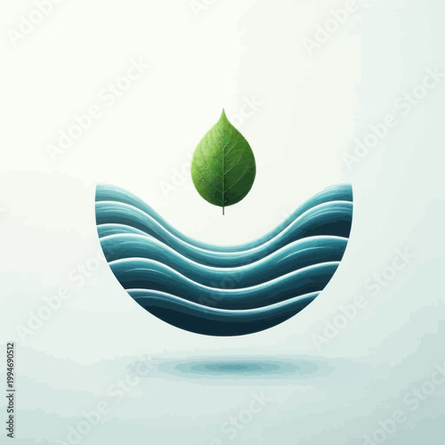 Environmental Sustainability Concept with Green Leaf Floating Above Blue Water Waves, Minimalist 3D Illustration for Ecology and ESG