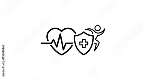 Health Insurance Concept: Heartbeat, Shield, and Active Person Icon