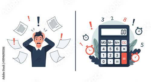 A conceptual illustration contrasting a stressed businessman overwhelmed by paperwork with a calculator representing financial pressure and deadlines.