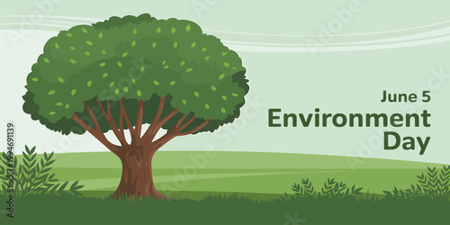 Illustration celebrating Environment Day with a green tree and landscape