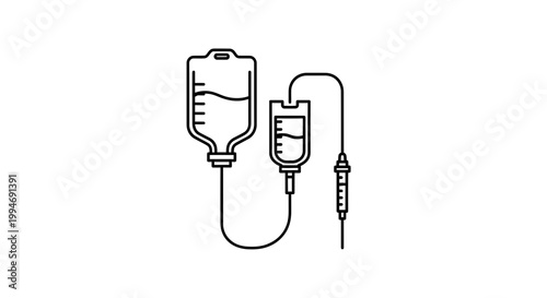 Intravenous drip bag and infusion set, medical equipment line art icon