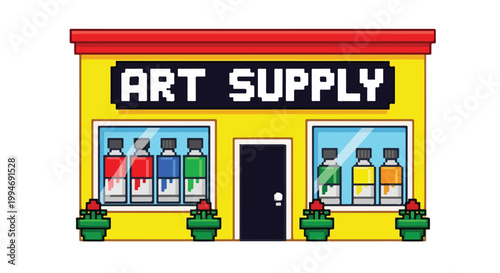 A vibrant pixel art illustration of an "ART SUPPLY" store with yellow walls, a red roof, and paint bottles displayed in windows.