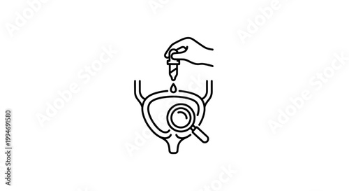 Urology investigation: Hand with dropper examining bladder with magnifying glass