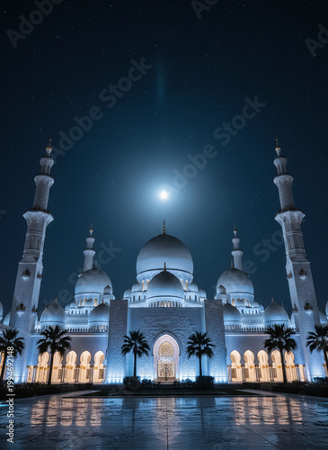 Serene Islamic mosque at night with majestic architecture and peaceful ambiance under moonlight