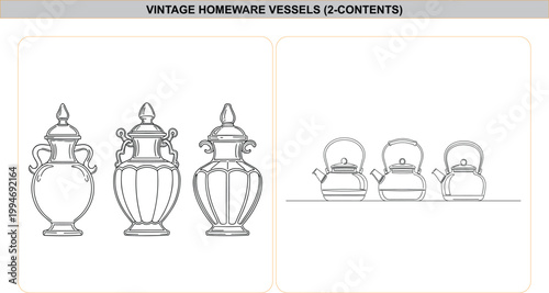 Black and white line art vector illustration design of vintage decorative lidded urns, and classic teapots isolated on white background