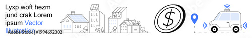 Smart cities, renewable energy, financial tech, mobility, sustainable solutions, urban development. Cityscape with buildings, dollar sign location pin autonomous car. Smart cities and renewable