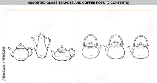 Black and white line art vector illustration of glass teapots, coffee pots, and bamboo handle kettles, isolated on white background.