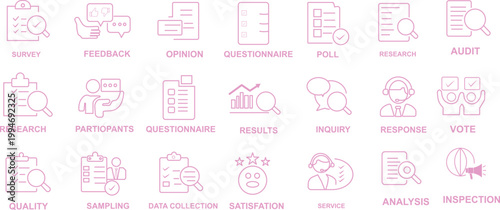 Set of linear icons with Survey concept in purple, yellow on blue colors. Icons present different types of online and paper survey.