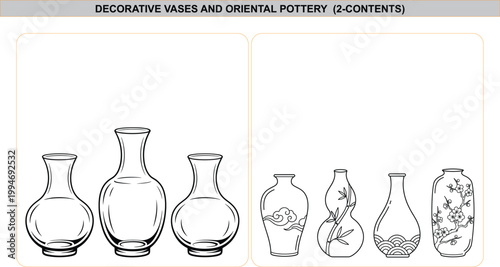 Black and white line drawing set, plain glass vases, decorative oriental porcelain pottery with floral patterns, isolated vector illustration design.