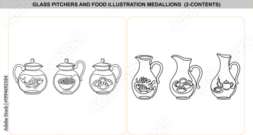 Continuous line art vector illustration of glass pitchers and lidded jugs containing food sketches like fish, noodles, and dumplings set.