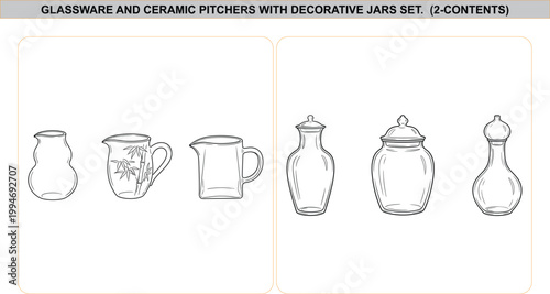 Minimalist line art collection of assorted glass pitchers, decorative ceramic jars, bamboo engraved creamer, and elegant kitchen storage containers on white,