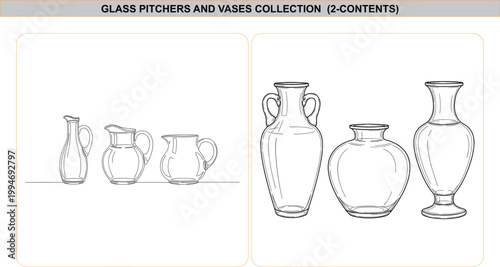 Set of glass pitchers and decorative vases, elegant transparent containers line art illustration, minimal modern style isolated home decor collection