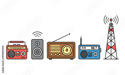 Radio icons set with transmitter tower and vintage receivers