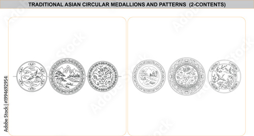 Set of traditional Asian decorative circular medallions, black and white line art vector illustration with dragons, landscapes, and floral motifs. Glass plate and Alpana