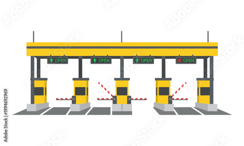 Highway toll plaza station with automatic entry barriers