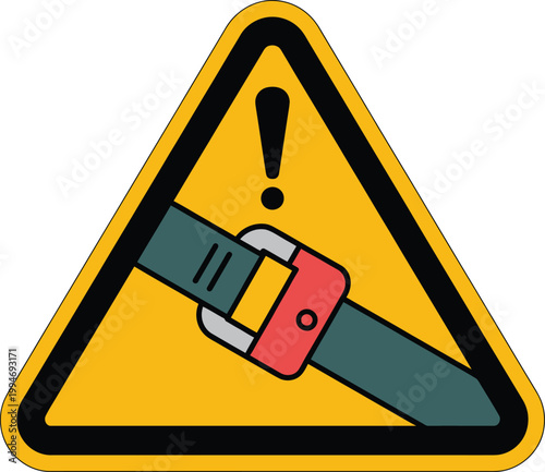Warning sign featuring seatbelt graphic inside triangular alert symbol