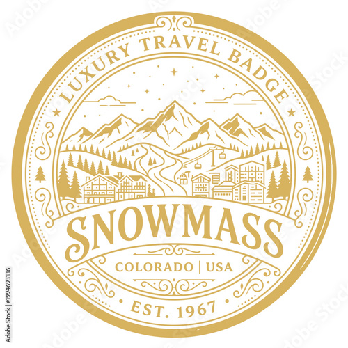 Vintage gold Snowmass Colorado ski resort travel badge with mountains and cabins vector illustration
