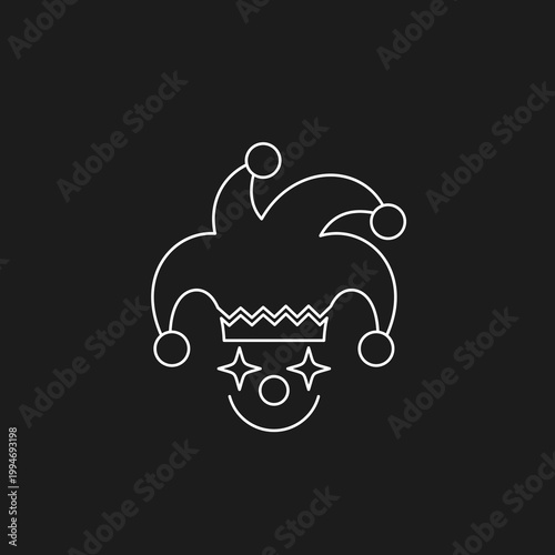 Jester Hat and Clown Face Line Art Icon. White Outline Symbol on Black Background.