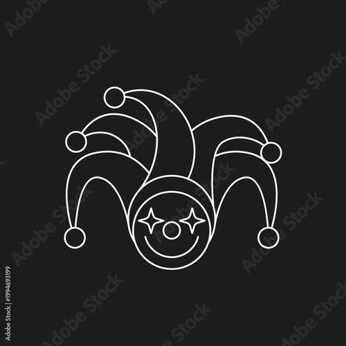 Simple Line Art Jester Hat Icon with Smiling Clown Face and Star Eyes