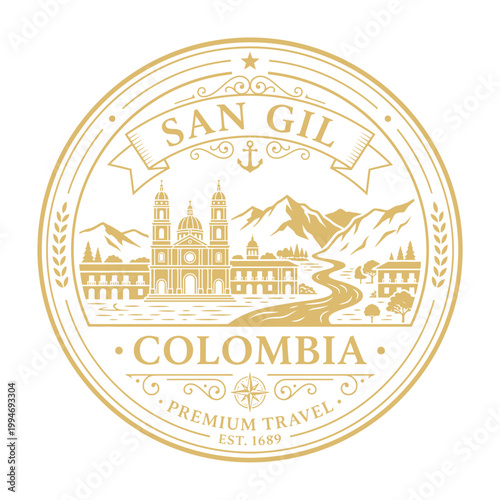 Vintage San Gil Colombia travel seal featuring mountains and cathedral landscape vector