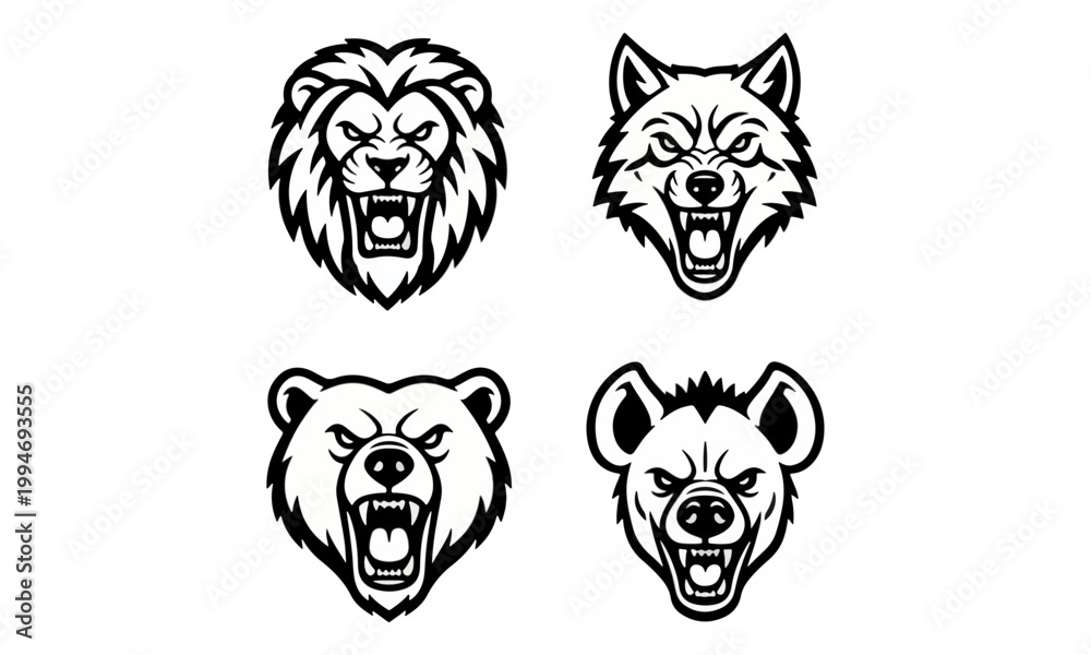 Fototapeta premium Lion Wolf Bear and Hyena Roaring Mascot Head Logo Set
