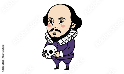 William Shakespeare Cartoon Holding Human Skull Literature Illustration