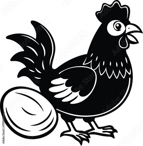 Stylized black hen sitting beside an egg, portraying farm animals and food production