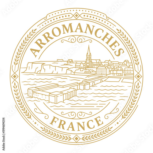 Vintage Arromanches France circular emblem with Mulberry Harbour line art vector illustration