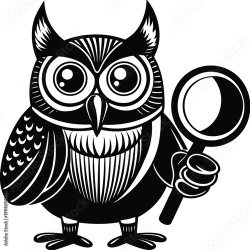 Wise owl holding a magnifying glass symbolizing knowledge and careful inspection