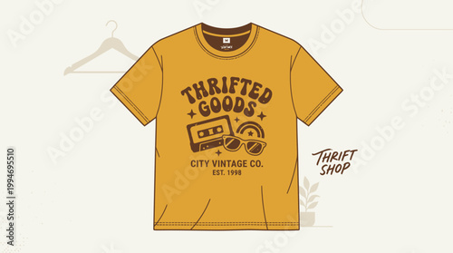 Vintage t-shirt hangs on hanger in thrift shop with retro design and logo