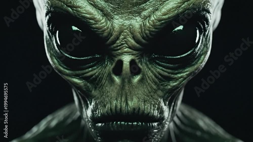 Hyper Realistic Alien Face Close Up With Dark Cinematic Sci Fi Horror Atmosphere