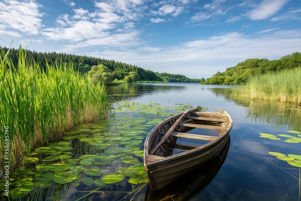 Obraz premium Rustic Rowboat on Serene Forest Lake. 