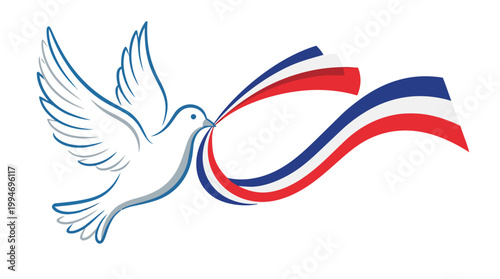 White dove flying with a blue white and red ribbon in its beak representing peace and freedom for independence day celebrations or national holidays