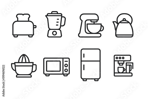 Appliance Icons Toaster blender mixer kettle juicer microwave fridge stove and coffee maker icons for dashboards and apps.
