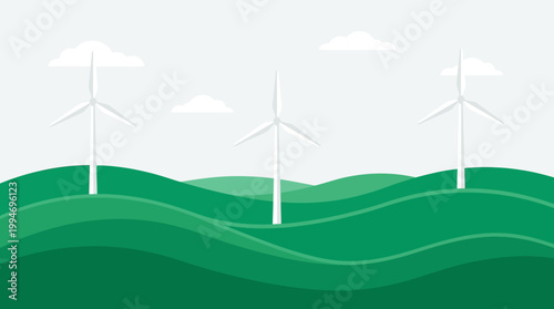 Wind turbines stand on rolling green hills under cloudy sky