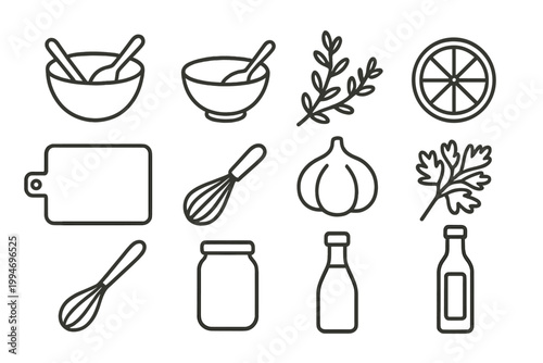 Kitchen prep icons showing bowls spoons thyme garlic lemon board whisk jar herbs and bottle for recipe planners.