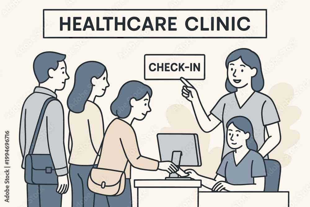 Naklejka premium Vector illustration scene healthcare clinic reception visitors checking in while nurse shows CHECK IN board guiding calm onboarding flow.