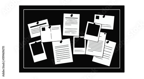 Black bulletin board with pinned papers notes and Polaroid photos office workspace organization tool for brainstorming and reminders
