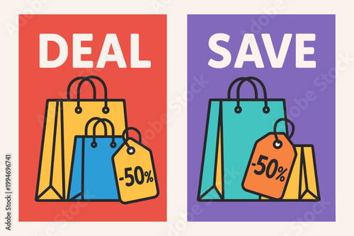 Vector banners A6 marketing sale duo showing shopping bags and discount tag with texts DEAL and SAVE on colorful vertical layouts.