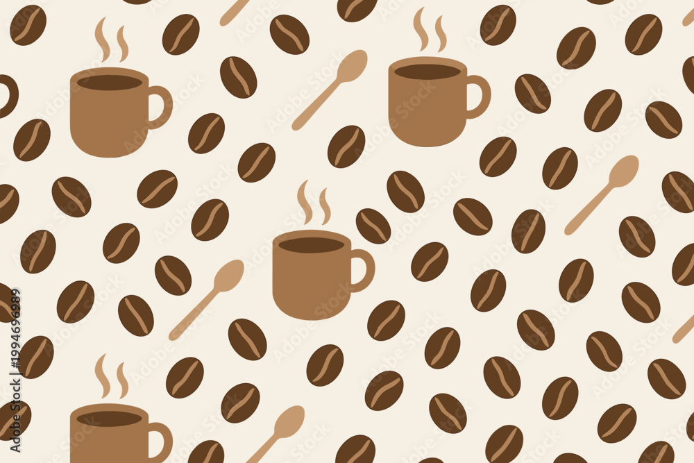 Fototapeta premium Coffee cocoa drink vector seamless pattern including mugs beans spoons.