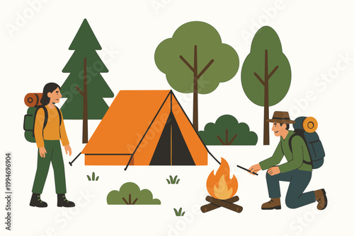 Outdoor camping nature flat vector illustration scene with tent fire trees and explorers.